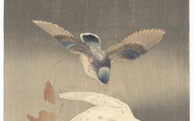 'Pigeons with Falling Ginkgo Leaves in Rain' 公孫樹の落葉と鳩 - Koson Ohara (1877-1945) - Japan