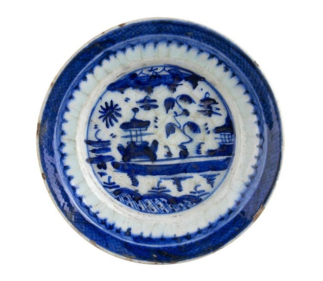 Plate Soup plate; ring support. White majolica painted in blue...