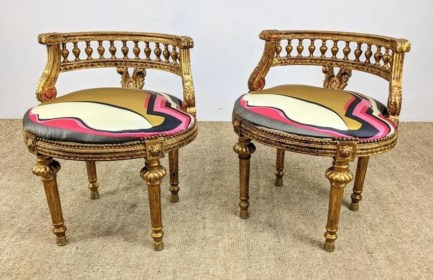 Pr EMILIO PUCCI Upholstered Gilt Wood Side Chairs. High