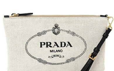 Prada PRADA Logo Flat Pouch Clutch Bag Canvas with Strap 1NH018 NATURALE+NERO Gold Hardware