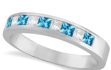 Princess Channel-Set Diamond and Blue Topaz Ring Band 14K White Gold