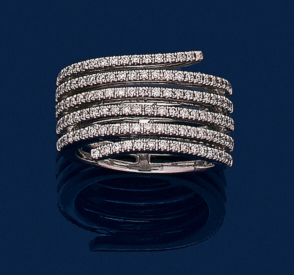 RING "six lines" in white gold (750‰) openwork, paved with brilliant-cut diamonds.