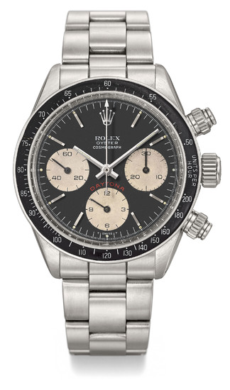 ROLEX. A VERY RARE AND ATTRACTIVE STAINLESS STEEL CHRONOGRAPH WRISTWATCH WITH BRACELET, SIGNED ROLEX, OYSTER COSMOGRAPH, DAYTONA, REF. 6263, CASE NO. 8’750’989, CIRCA 1984