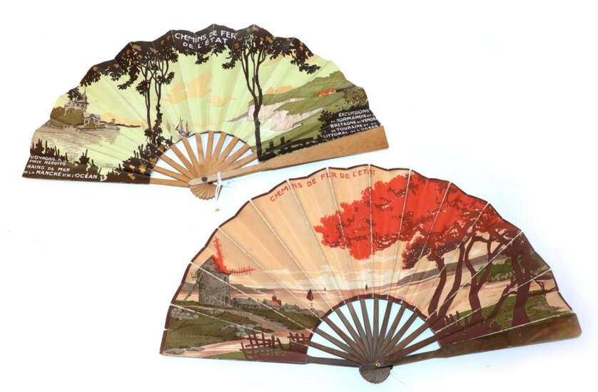Railway Advertising: Two Printed Paper Fans, the double leaves mounted...