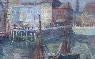 Raymond LECOURT (1882-1946) Le petit port animé Huile sur toile, signée en bas à gauche...