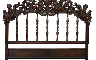 Renaissance Revival Carved Putti Headboard, 20th c., H.- 64 in., W.- 64 in.
