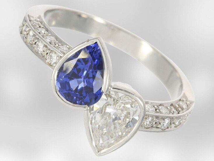 Ring: beautiful and extremely high-quality goldsmith's ring with precious sapphire and diamond drops, handmade from 18K white gold, Court Jeweller Roesner, NP 22.400DM