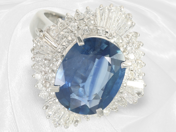 Ring: extremely high-quality ballerina ring, platinum, large sapphire, abundant diamond setting, IGI certificate