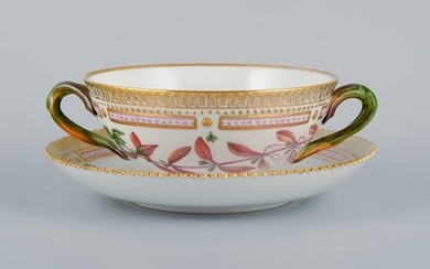 Royal Copenhagen Flora Danica boullion cup with saucer in hand-painted porcelain with branch-shaped