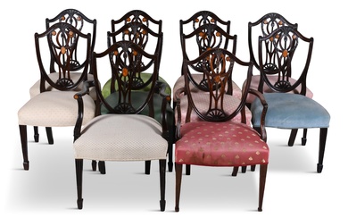 SET OF TEN GEORGE III STYLE INLAID MAHOGANY DINING CHAIRS 38 x 20 1/2 x 19 3/4 in. (96.5 x 52.1 x 50.2 cm.)