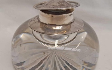SILVER MOUNTED HEAVY GLASS INKWELL BY WILLIAM COMYNS, LONDON...