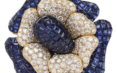 Sabbadini Invisible Mystery Set Sapphire Diamond Flower Brooch Pin
