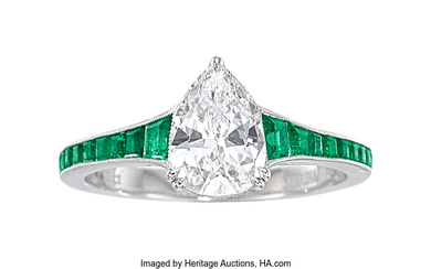 Sabrina Diamond, Emerald, Platinum Ring Stones: Pear-shaped diamond weighing...