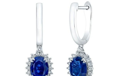 Sapphire Oval And Diamond Starburst Frame Earrings In 14k White Gold (7x5mm)