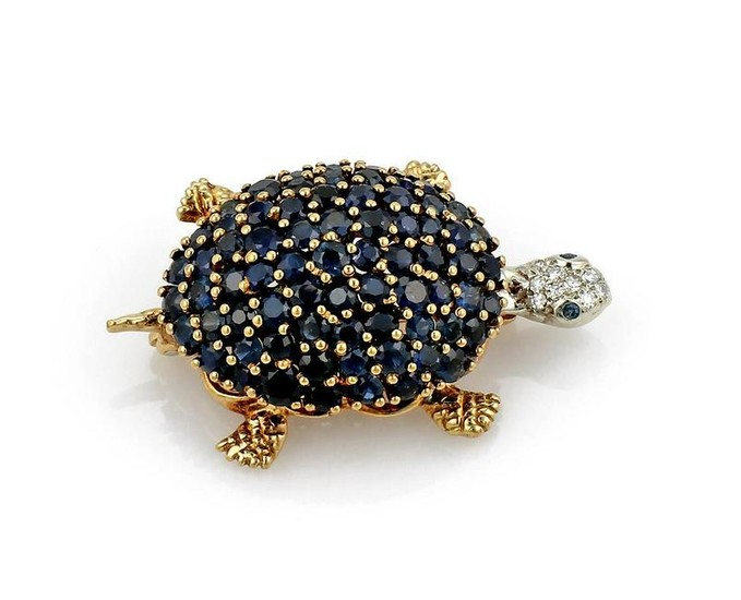 Sapphire and Diamond Turtle Brooch in 18K Yellow Gold