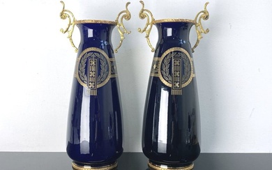 Sarreguemines - Paire de Vases Art Nouveau en Bleu Royal avec Montures en Bronze Doré H :33cm - Vase (2) - Ceramic