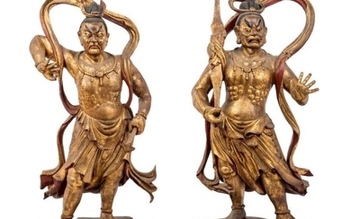 Sculpture - Gilt lacquered wood - A Pair of Chinese Gilt Lacquered Wood Figures of Guardians, H- 60 cm. - China - Qing Dynasty (1644-1911)
