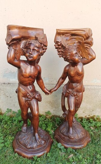 Sculpture, "Pair of putti" - 59 cm - Wood - First half 20th century