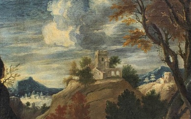 Scuola romana (XVIII) - Paesaggio con castello e montagne
