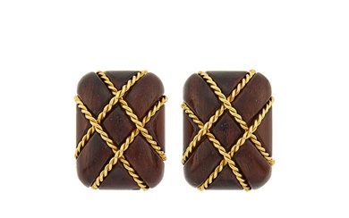 Seaman Schepps Pair of Gold and Wood 'Cage' Earclips