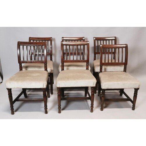 Set of six Georgian mahogany dining room chairs with upholst...