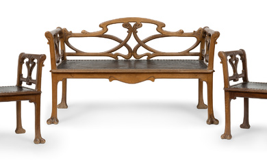 Set of two Art Nouveau stools and a bench; 20th century.