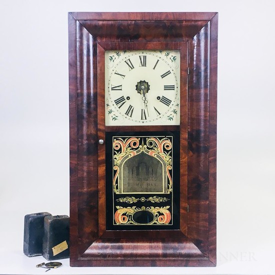 Seth Thomas Eight-day Ogee Clock, Thomaston, Connecticut, mahogany veneer case, glazed door with reverse-painted lower glass, painted i