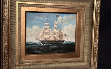Signed Oil on Canvas American Clipper Ship at Sea