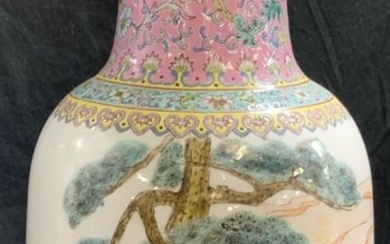 Signed Vtg Hand Painted Porc Vase Vessel 2ft