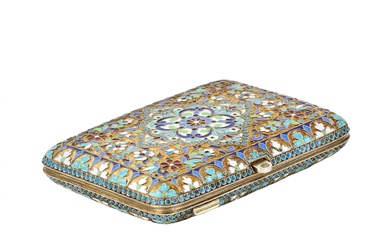 Silver cigarette case with gilding and cloisonne enamels.