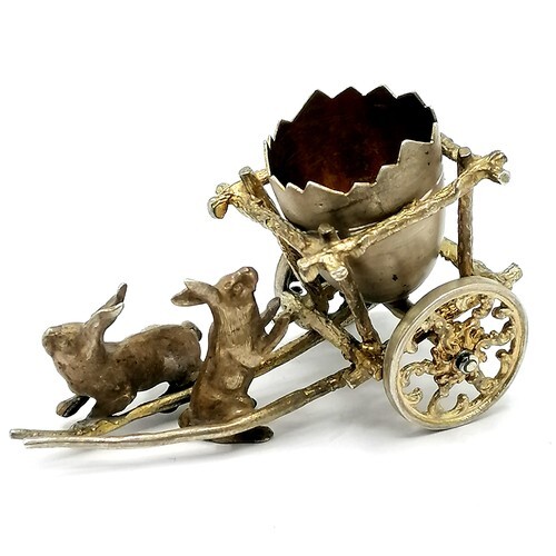 Silver miniature study of 2 rabbits pulling an egg carriage ...