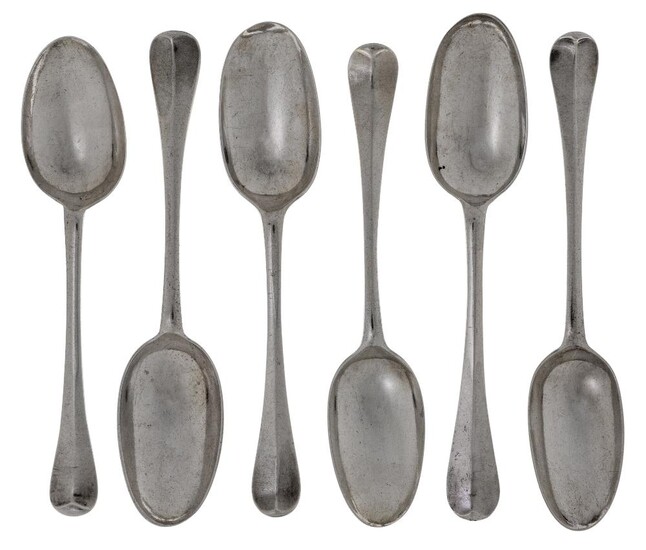 Six Queen Anne and George I silver tablespoons, of Hanoverian rat-tail pattern design, comprising: two Queen Anne examples, one London, 1710, Jacob Margas, the second London, 1710, possibly Thomas Allen; and four George I examples including one...