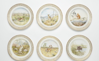 Six Royal Copenhagen porcelain dinner plates from a service with hunting motifs