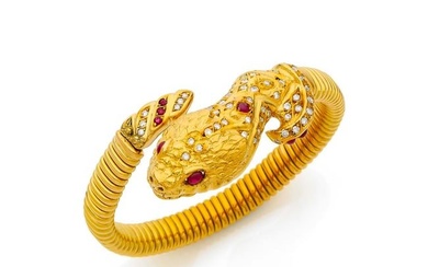 "Snake" bangle bracelet in 18k yellow gold (750‰) with tubogaz links on steel spring Finely