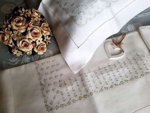 Spectacular double sheet in 100% pure linen with full stitch embroidery by hand - Linen - AFTER 2000