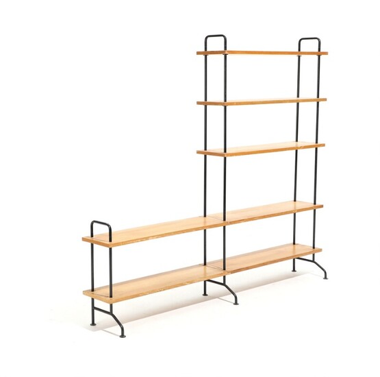Swiss design: A free-standing modular wall unit with black lacquered steel frame and ash shelves. 1950s. H. 142. L. 161. W. 22 cm.