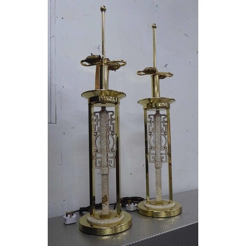 TABLE LAMPS, a pair, brass, with faux stone detail, 87cm H. ...