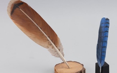 TWO HAND-CARVED WOODEN FEATHERS Contemporary Heights 7" and 9".