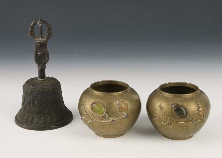 TWO SMALL BRONZE VASES & BRONZE BELL