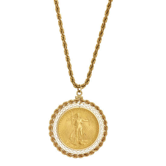 Three Gold, Synthetic Ruby and Gold Coin Pendants and Chain with One Low Karat Gold Chain