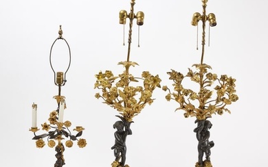 Three Intricate Lamps with Figures and Gilded Flowers