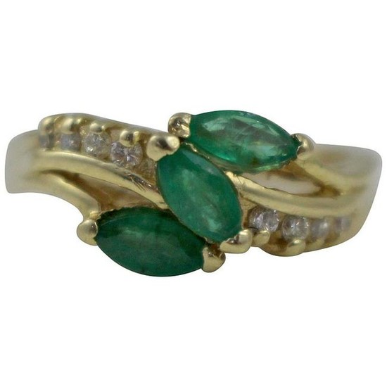 Three Stone Emerald & Diamond 14k Ring