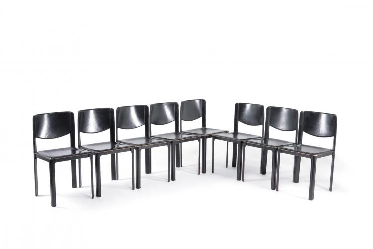Tito Agnoli for Matteo Grassi, set of eight black leather dining chairs