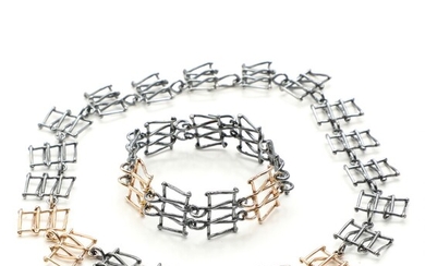 NOT SOLD. Toftegaard: A 14k gold and oxidized sterling silver "Space" necklace and bracelet. L....