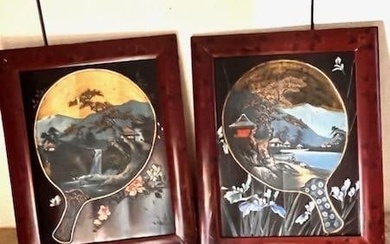 Two 19c Oriental Lacquer Hand Painted Wood Panels