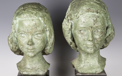 Two 20th century green patinated cast bronze busts of young girls, both mounted on ebonized bases, h