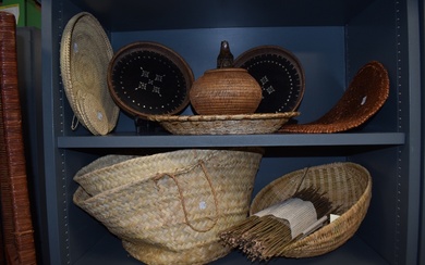 Two African or Oceanic circular woven trays, with Mother of Pearl inlay, measuring 28cm in diameter