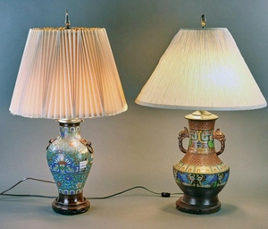 Two Champleve Lamps with Shades