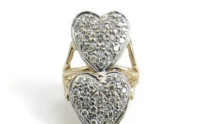 Two-Tone Double Heart Diamond Long Cocktail Ring 14K Yellow White Gold, 6.27 Gr
