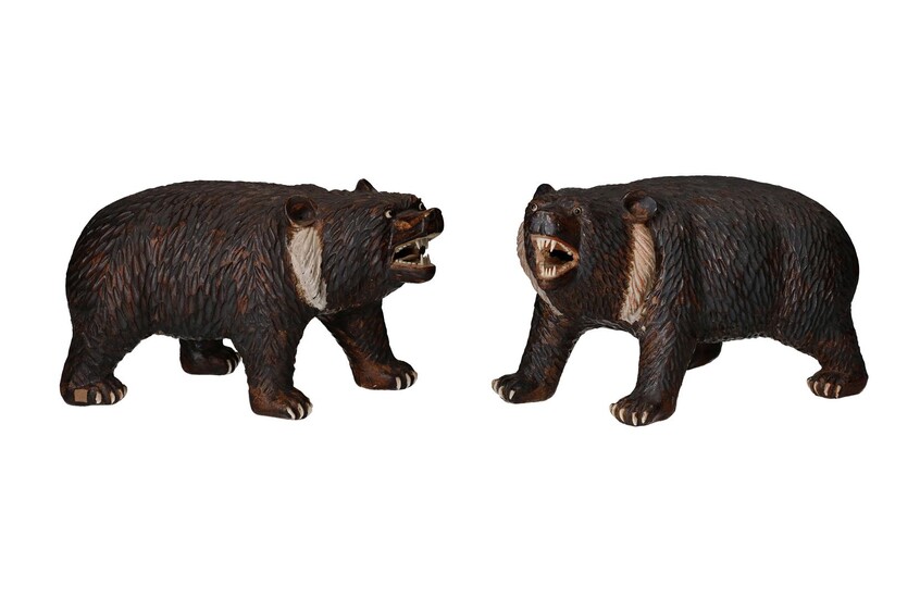 (-), Two painted earthenware black bears. Marked with...